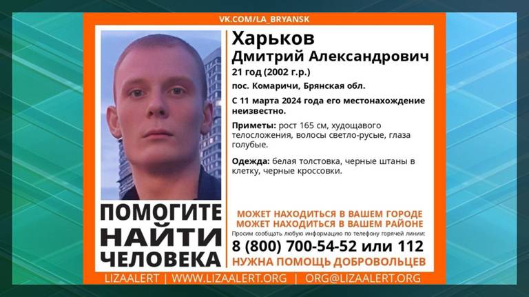 В Брянской области ищут без вести пропавшего 21-летнего Дмитрия Харькова