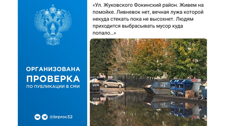 В Брянске прокуратура проверит информацию в соцсети о затоплении дороги на улице Жуковского