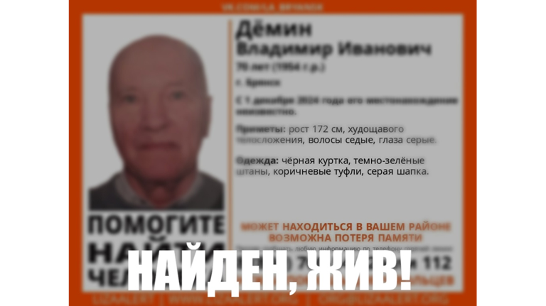 Пропавшего брянского пенсионера Владимира Демина нашли живым