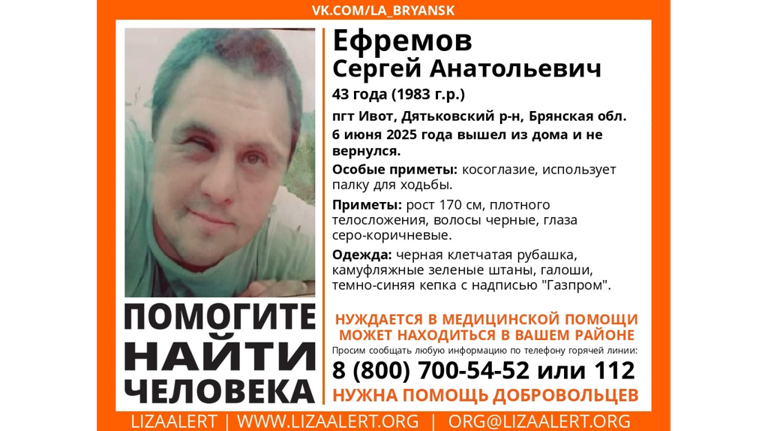 В Брянской области ищут без вести пропавшего 43-летнего Сергея Ефремова