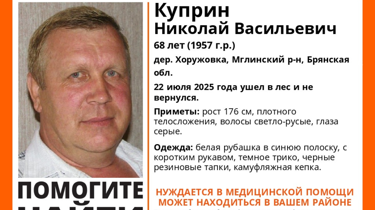 В Брянской области ищут пропавшего в лесу 68-летнего Николая Куприна