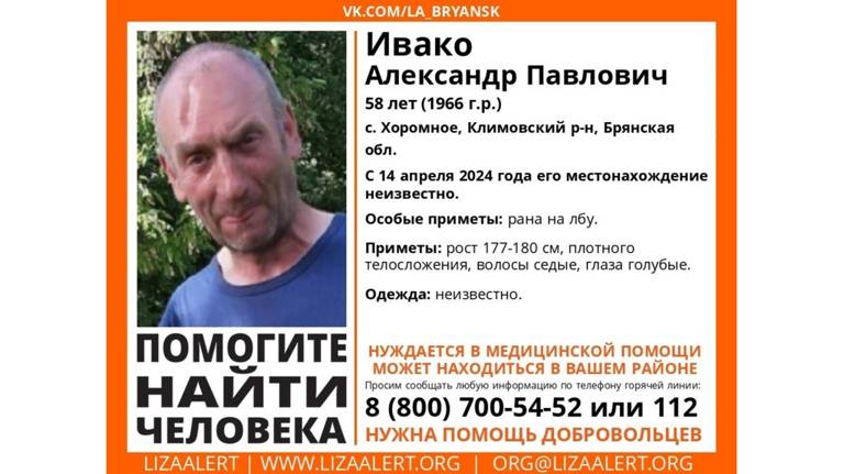 В Брянской области ищут без вести пропавшего 58-летнего Александра Ивако