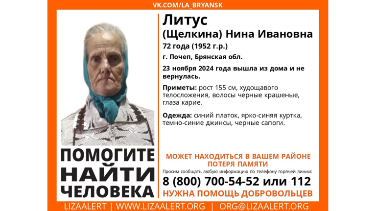 В Почепе в течение суток нашли пропавшую пенсионерку с потерей памяти