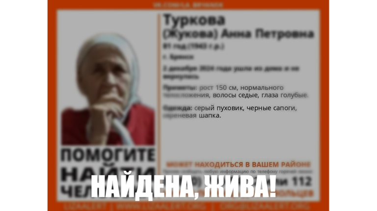 Пропавшая в Брянске 81-летняя Анна Туркова найдена живой