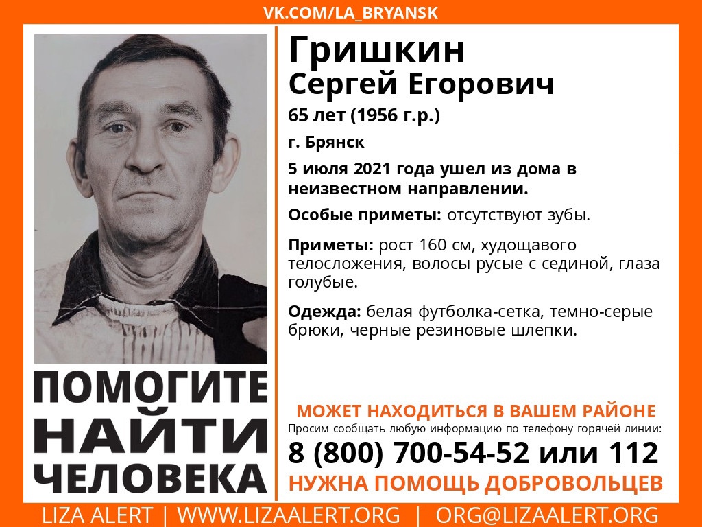 В Брянской области ищут пропавшего 65-летнего Сергея Гришкина