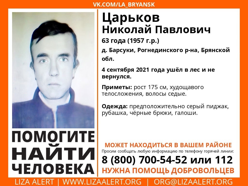 В Брянской области без вести пропал 63-летний Николай Царьков
