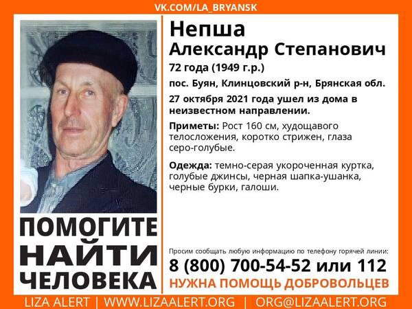 В Брянской области пропал 72-летний Александр Непша