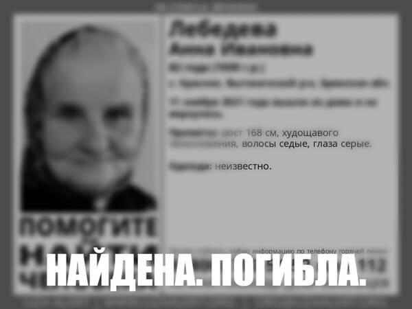 В Брянской области пропавшую 82-летнюю Анну Лебедеву нашли мертвой