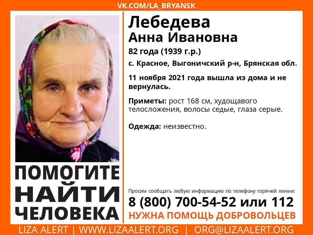 На Брянщине без вести пропала 82-летняя Анна Лебедева