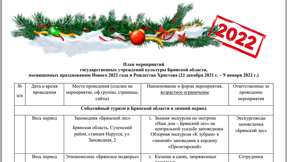 Опубликована афиша на Новый год и Рождество в Брянской области