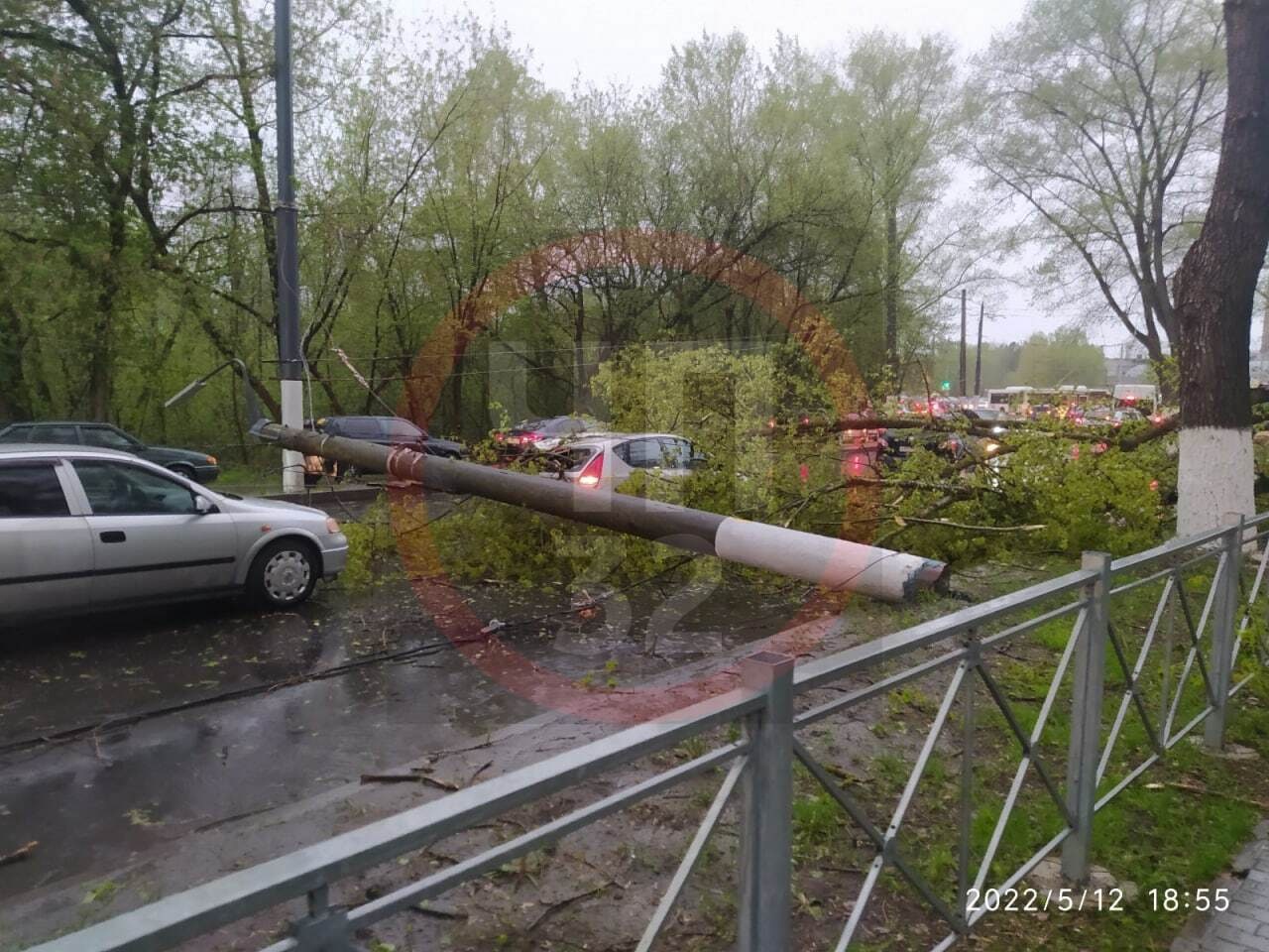 От ураганного ветра на бульваре Щорса в Брянске упал бетонный столб