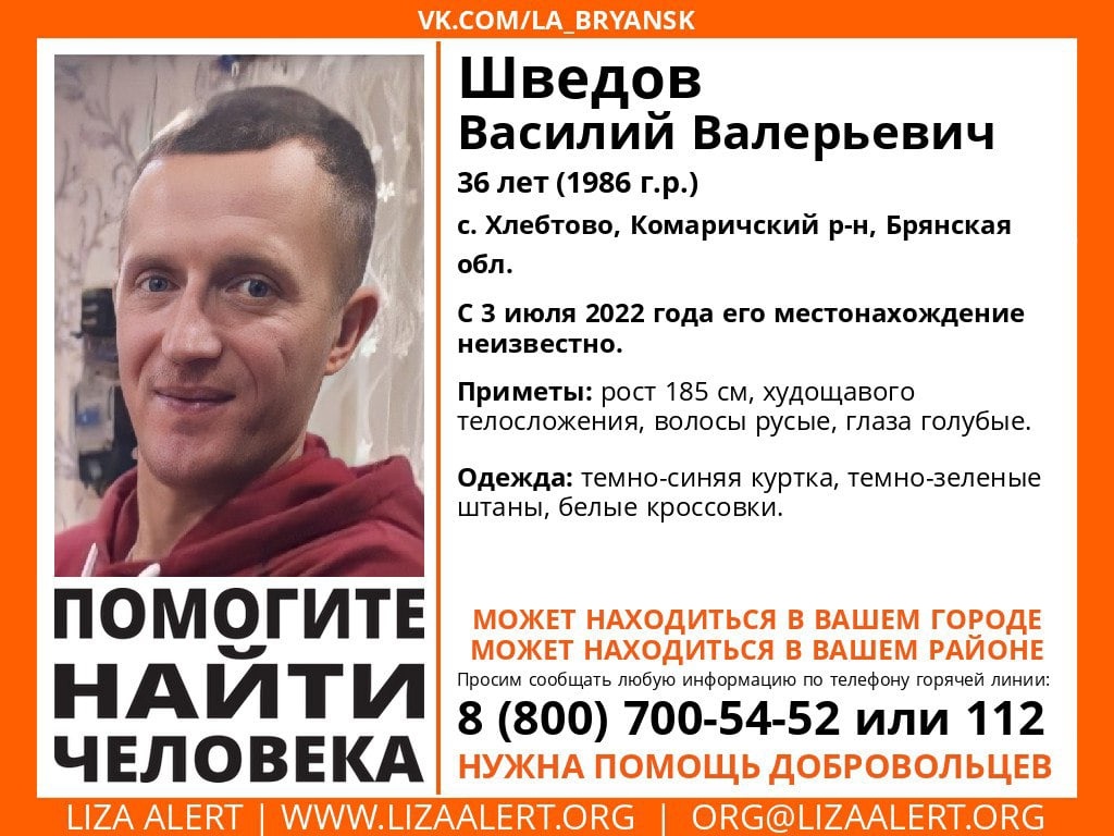 В Брянской области без вести пропал 36-летний Василий Шведов