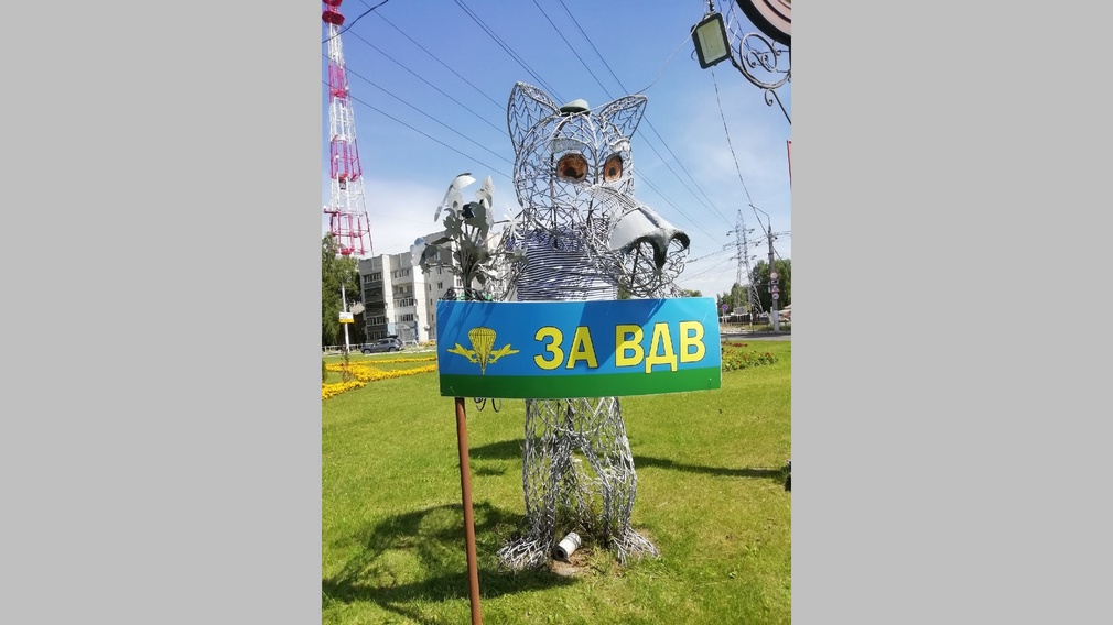 В Брянске волк встречает гостей города с плакатом «За ВДВ!»