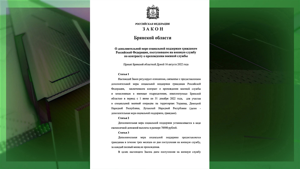 Опубликован закон Брянской области о поддержке участников спецоперации