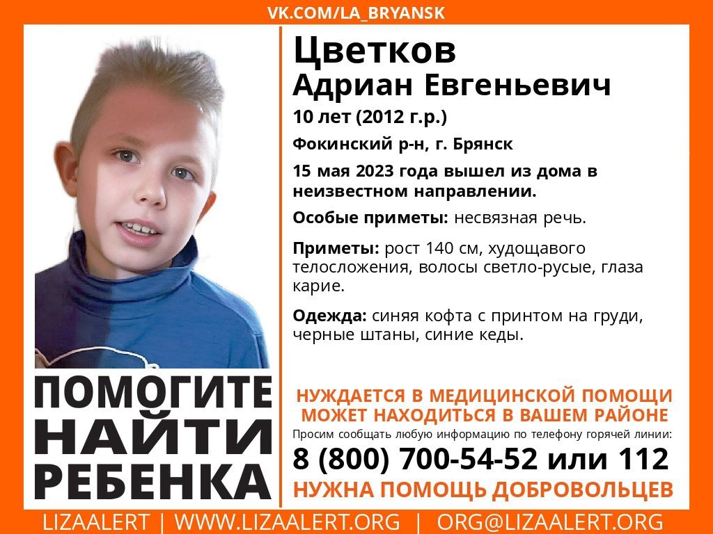 В Брянске без вести пропал 10-летний Адриан Цветков