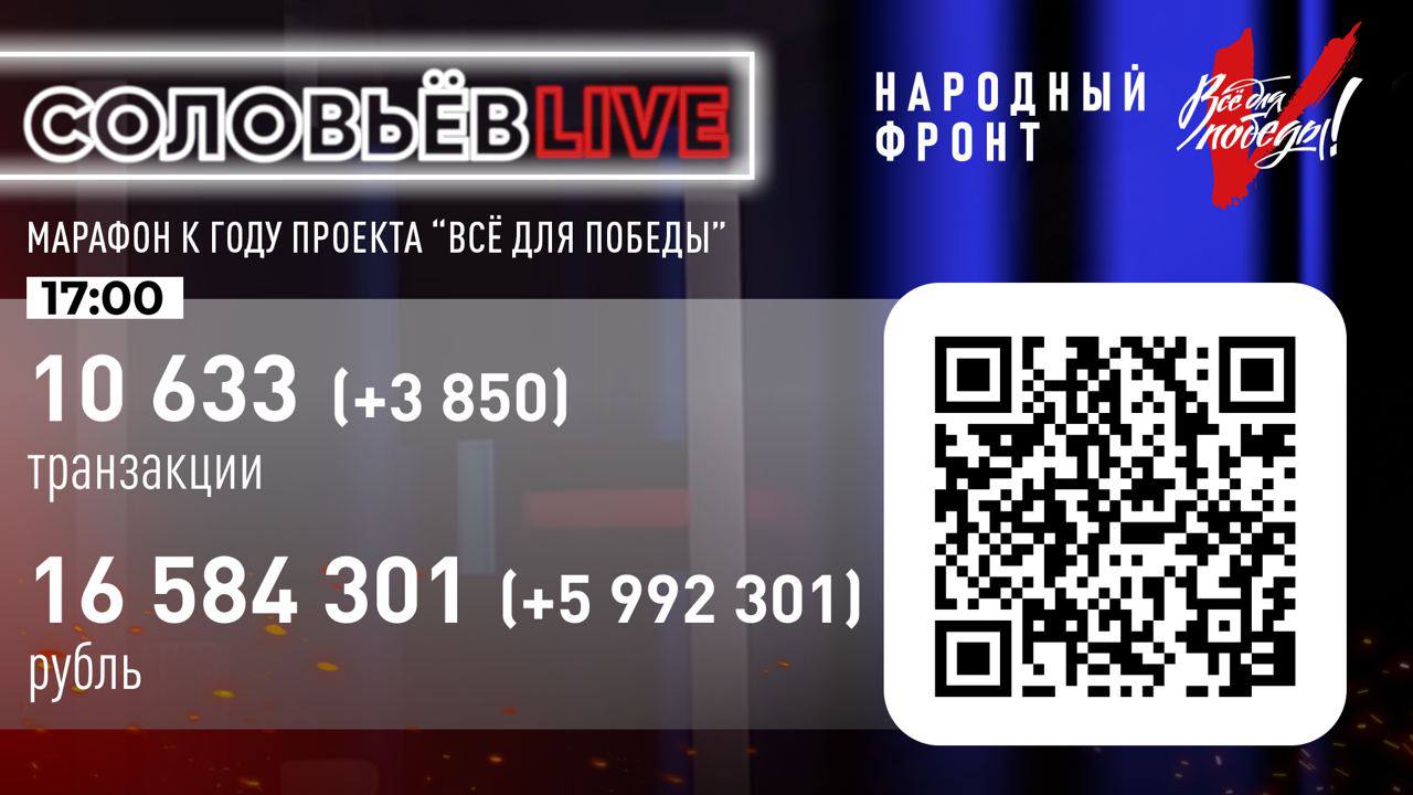 За 9 часов марафон «Соловьев LIVE» собрал для проекта «Все для Победы!» 16 млн рублей