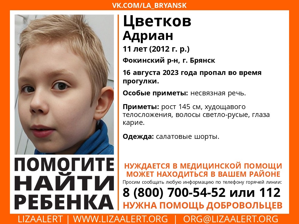 В Брянске без вести пропал 11-летний Адриан Цветков