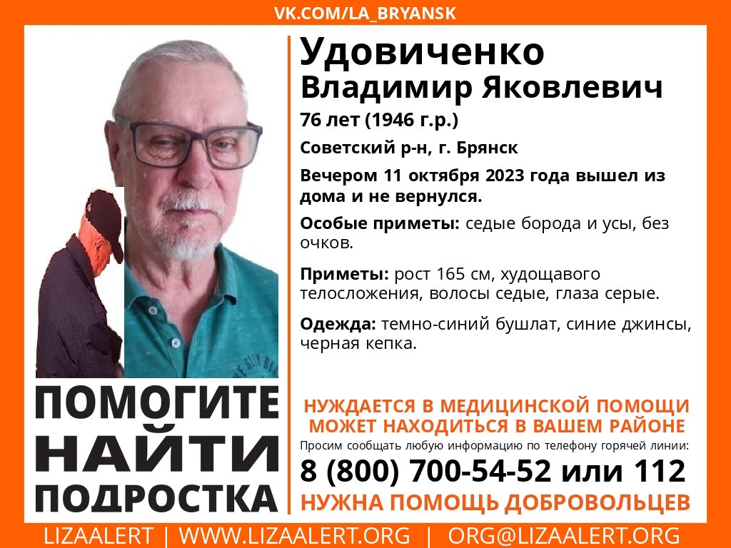 В Брянске без вести пропал 72-летний Владимир Удовиченко