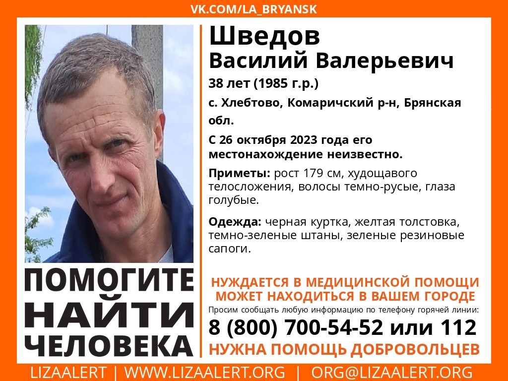 В Брянской области без вести пропал 38-летний Василий Шведов
