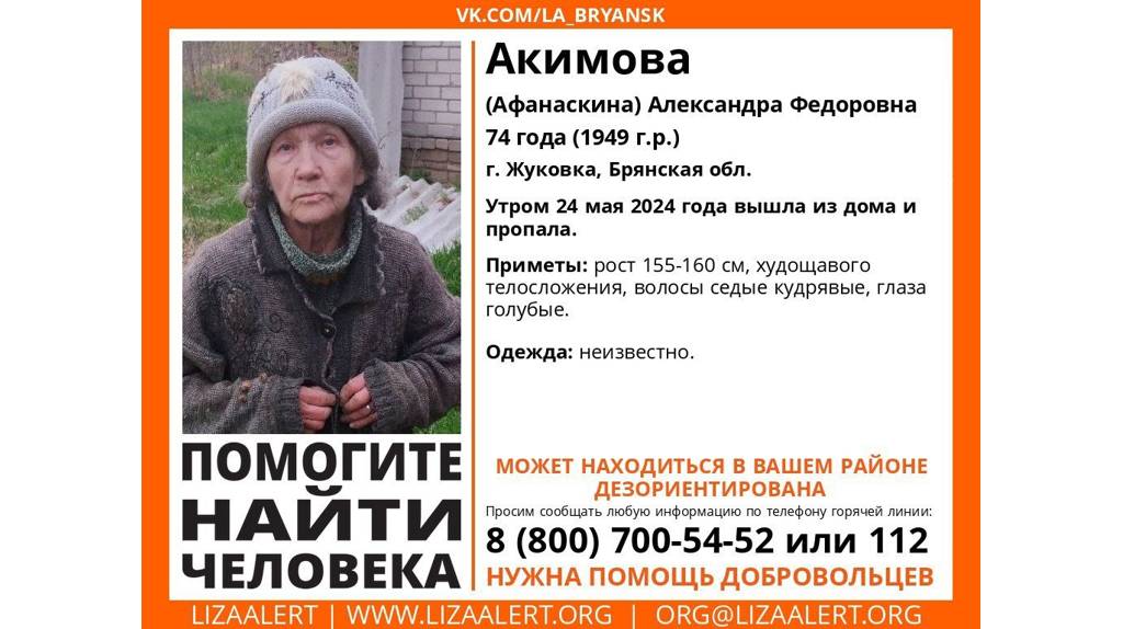 В Брянской области нашли живой пропавшую 74-летнюю Александру Акимову