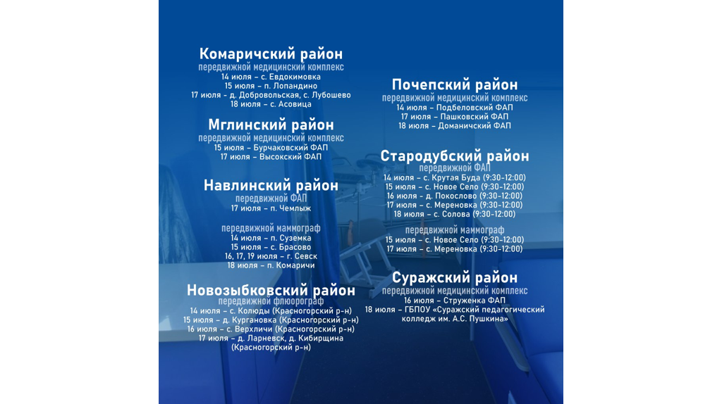 Опубликован график работы мобильных медкомплексов на Брянщине с 14 по 20 июля