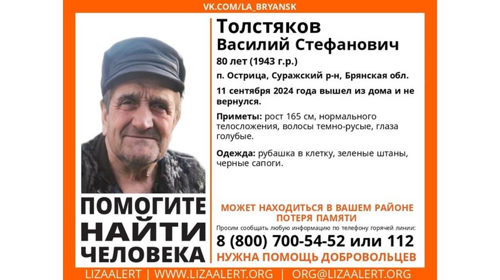 В Брянской области пропал страдающий потерей памяти 80-летний Василий Толстяков