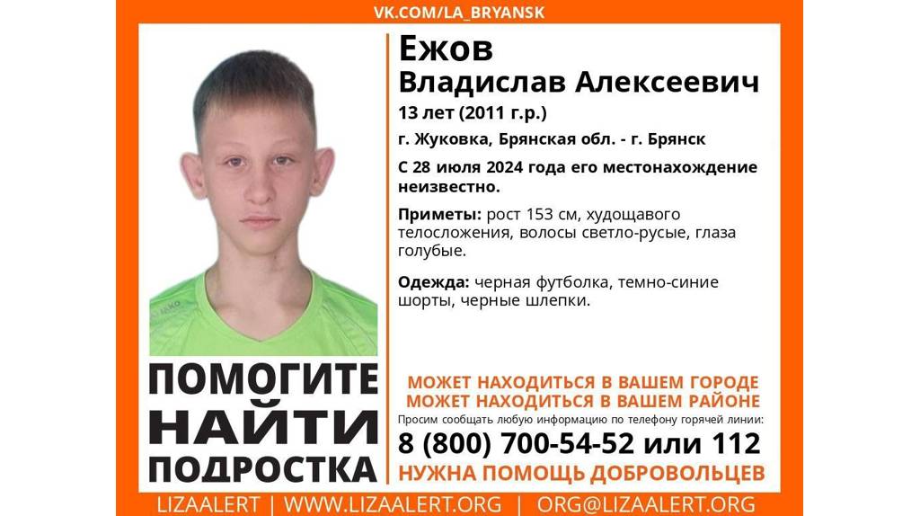 В Брянской области пропал 13-летний Владислав Ежов