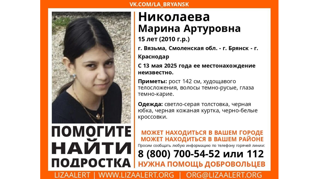В Брянской области ищут пропавшую 15-летнюю Марину Николаеву из Вязьмы