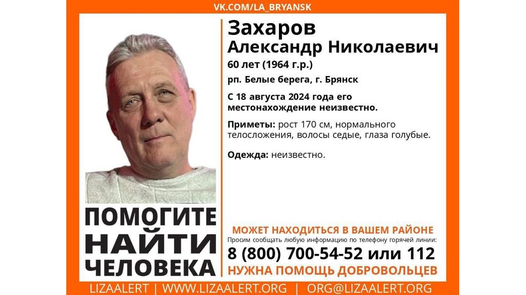 В Брянской области начались поиски 60-летнего Александра Захарова