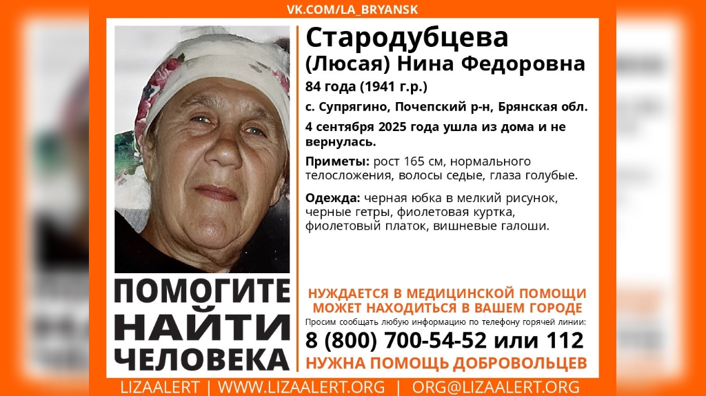 В Брянской области пропала 84-летняя Нина Стародубцева