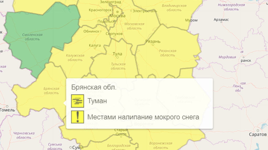 На территории Брянской области сохраняется «желтый» уровень погодной опасности