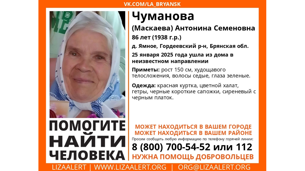 В Брянской области без вести пропала 86-летняя Антонина Чуманова