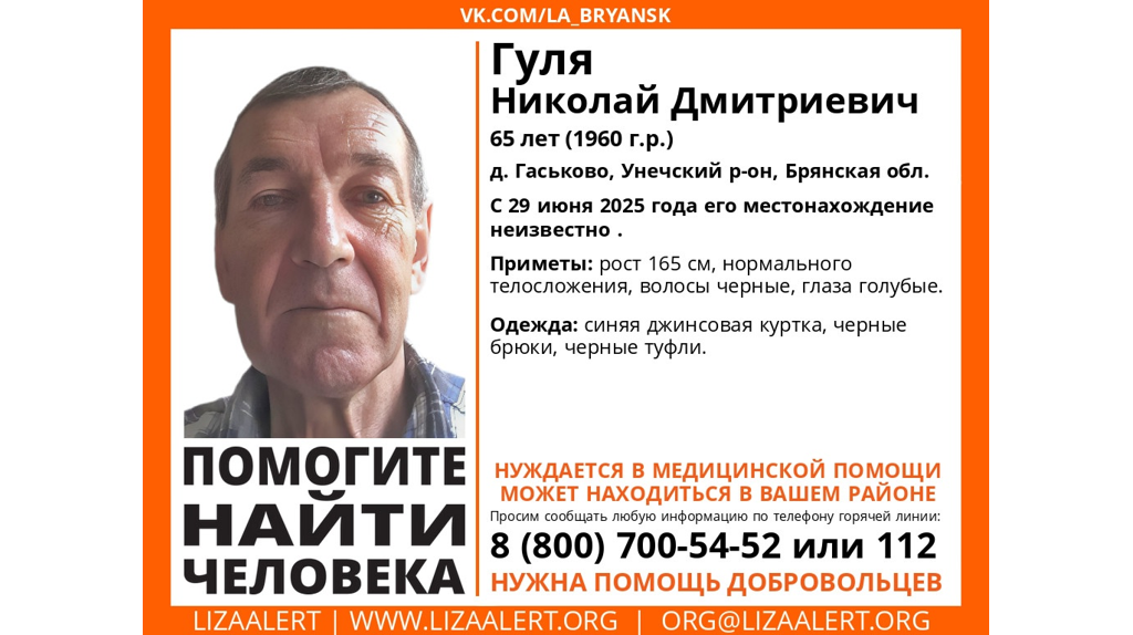 В Брянской области ищут пропавшего 65-летнего Николая Гулю
