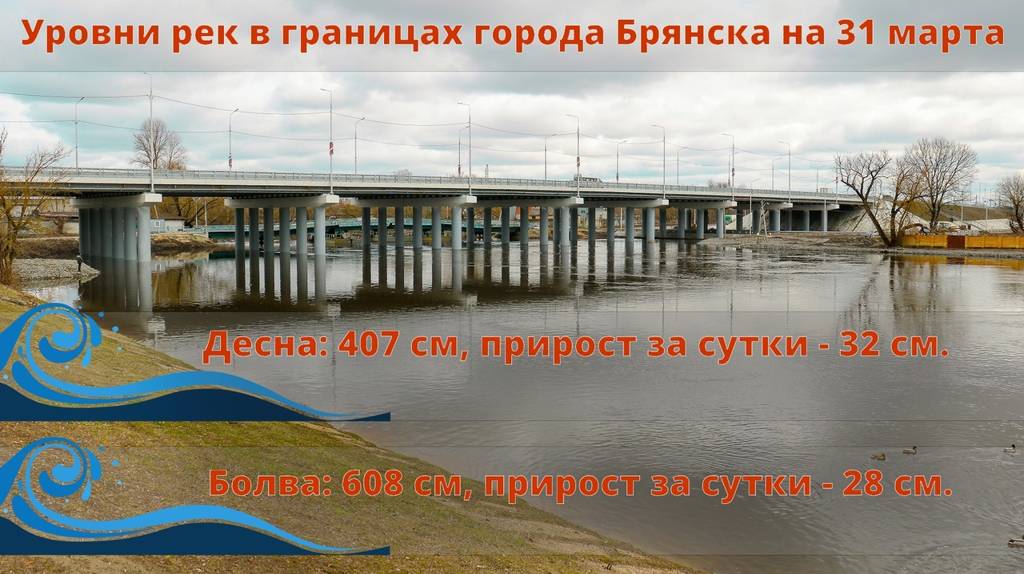 В Брянске за сутки уровень воды в Десне и Болве повысился на 32 и 28 сантиметров