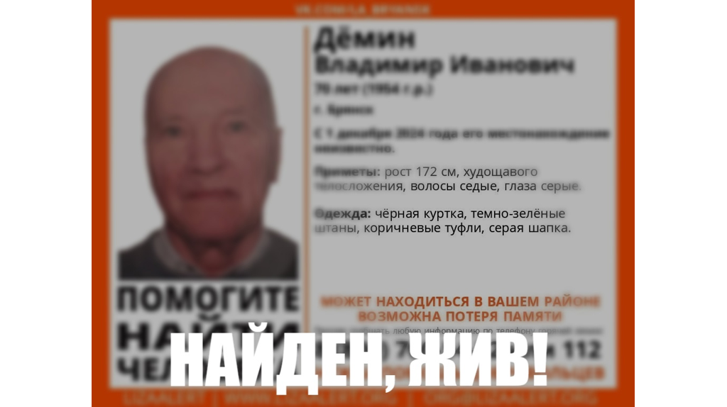 Пропавшего брянского пенсионера Владимира Демина нашли живым