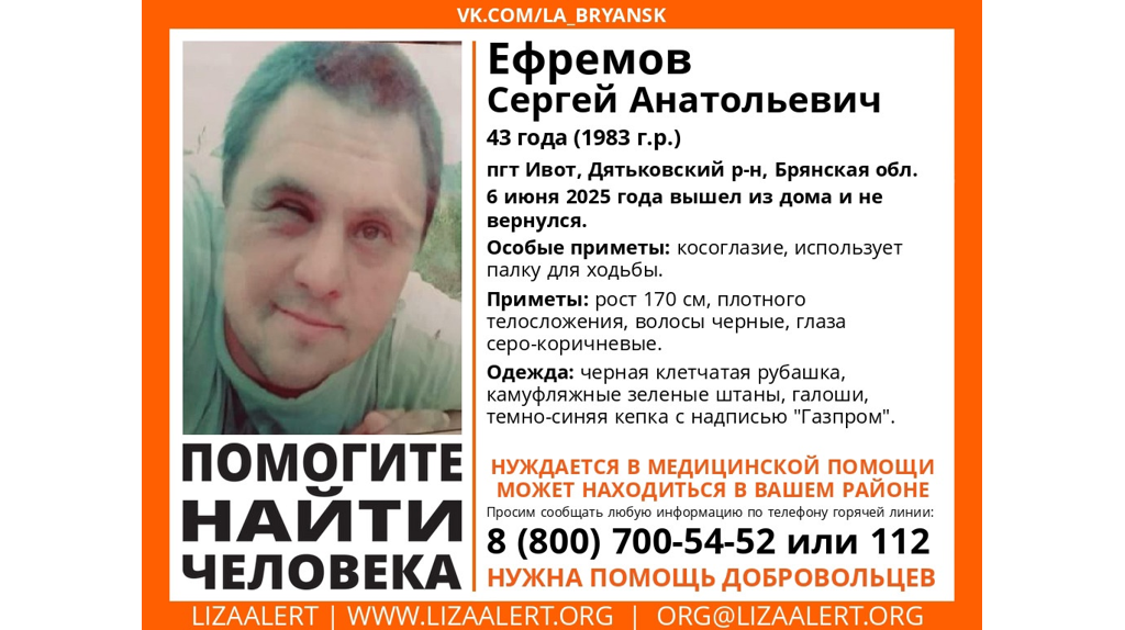 В Брянской области ищут без вести пропавшего 43-летнего Сергея Ефремова