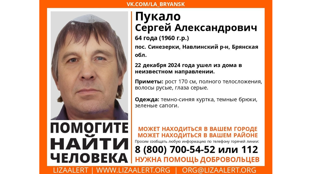 Пропавшего в Брянской области 64-летнего Сергея Пукало нашли живым