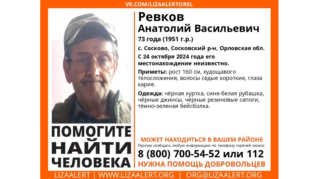 Брянцев просят помочь в поисках 73-летнего Анатолия Ревкова из Орловской области