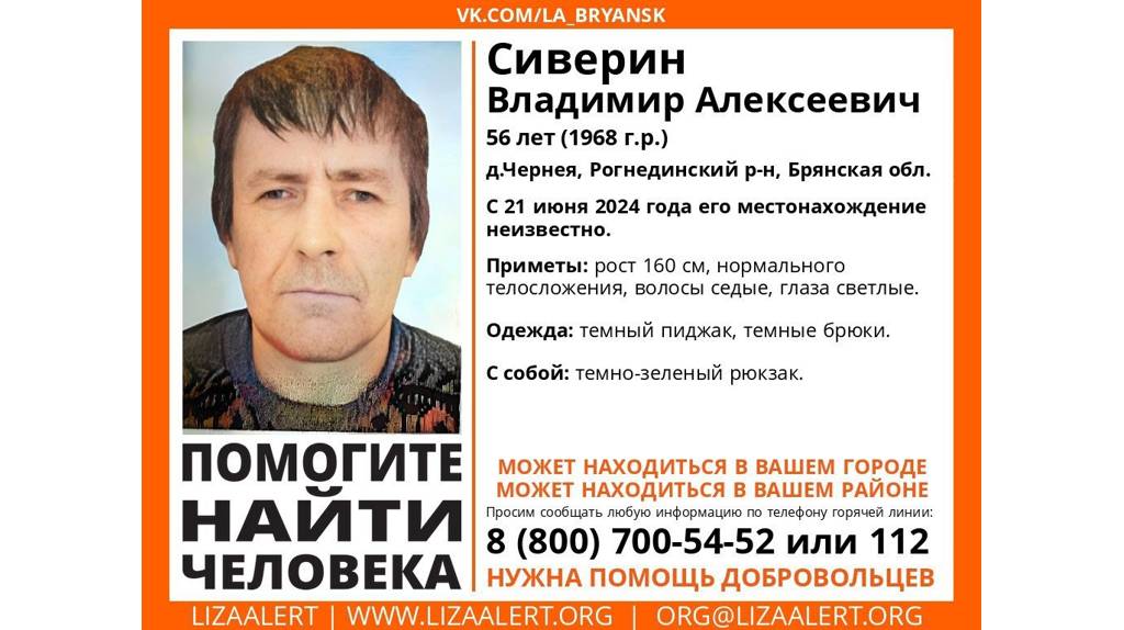 В Брянской области пропал 56-летний Владимир Сиверин