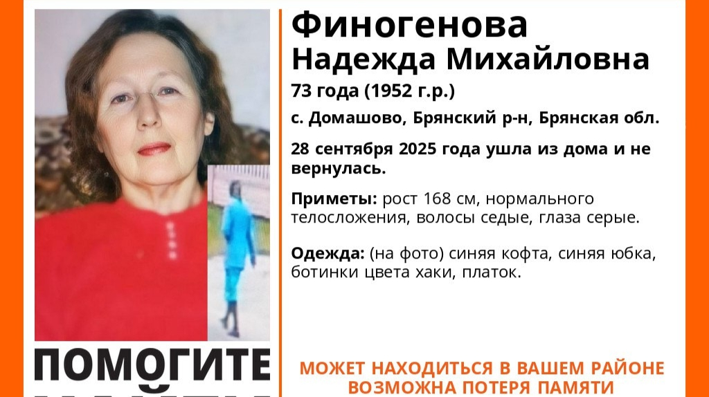 Начались поиски пропавшей пенсионерки из брянского села Домашово Надежды Финогеновой