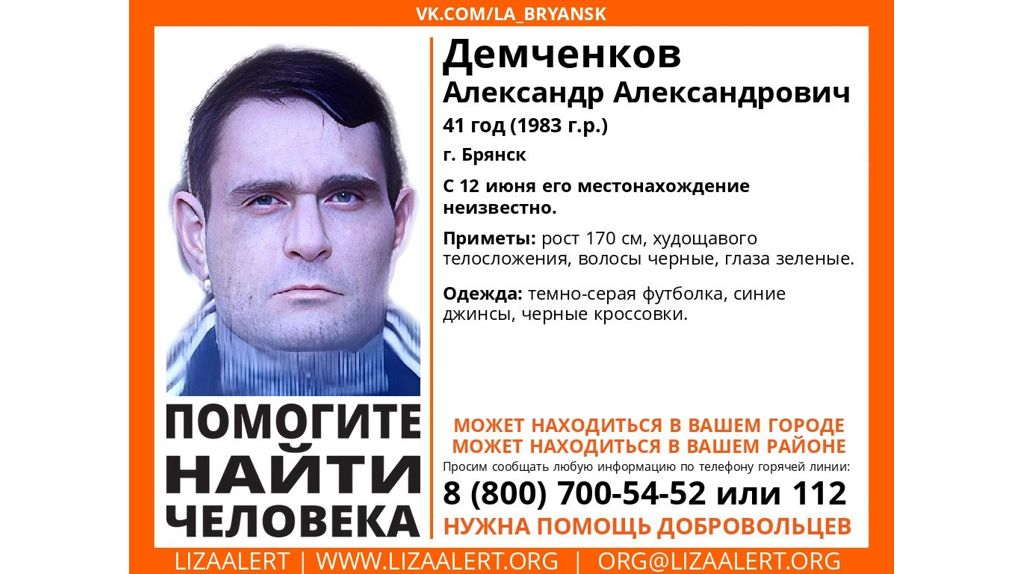 В Брянской области ищут без вести пропавшего 41-летнего Александра Демченкова